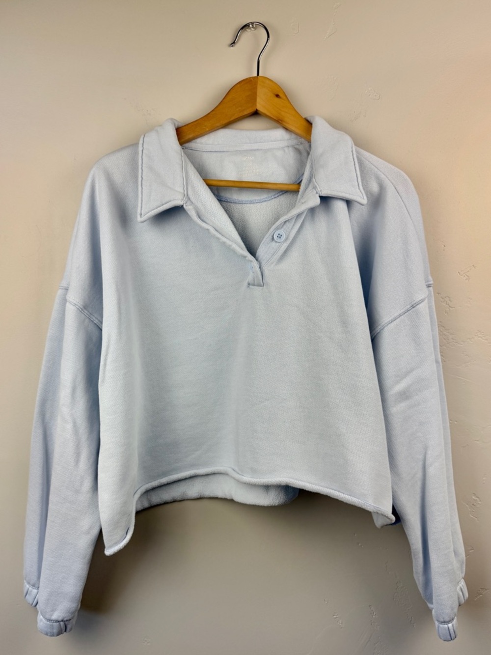 Aerie Light Blue Cropped Collared Fleece Pullover Size L